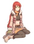  1girl boots cosplay gloves green_eyes green_gloves jacket long_hair looking_away navel pantyhose pyrrha_nikos red_hair rune_factory rune_factory_3 rwby scarf skirt smile solo sora_(efr) sweater toona toona_(cosplay) white_background 