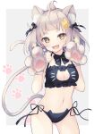  1girl :d animal_ear_fluff animal_ears ass_visible_through_thighs bangs bare_shoulders black_bow black_bra black_panties blush bow bra breasts brown_eyes brown_hair cat_cutout cat_ear_panties cat_ears cat_girl cat_lingerie cat_tail cleavage cleavage_cutout clothing_cutout commission eyebrows_visible_through_hair fang gloves grey_background hair_bow hands_up medium_breasts meme_attire miyanome navel open_mouth original panties paw_gloves paws short_eyebrows side-tie_panties skeb_commission smile solo sparkle standing tail tail_raised thick_eyebrows two-tone_background underwear underwear_only white_background white_gloves 