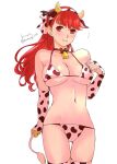  animal_print bell bell_collar bikini bikini_bottom blush bra breasts cleavage collar cow_girl cow_horns cow_print cowbell elbow_gloves gloves hair_ribbon headband highres horns komugi_(mugiwaraclub) large_breasts looking_at_viewer micro_bikini micro_bra navel panties persona persona_5 persona_5_the_royal ponytail red_eyes red_hair ribbon swimsuit tail underwear yoshizawa_kasumi 