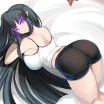  1girl ass bangs bed_sheet black_hair black_shorts blush breasts camisole glowing glowing_eyes hair_ornament highres large_breasts long_hair looking_at_viewer looking_back mole mole_under_mouth myusca_(succubus_prison) parted_lips pointy_ears purple_eyes shiki_(psychedelic_g2) short_shorts shorts smile solo spaghetti_strap succubus_prison thighs white_camisole x_hair_ornament 