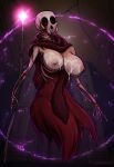  absurd_res big_breasts bodily_fluids bone breasts clothed clothing cum cum_on_breasts dress fangs female genital_fluids hi_res hood huge_breasts keadonger missing_jaw nipples noita red_clothing red_dress red_eyes ribs skeleton skull solo staff stevaria topless undead undeath 