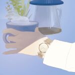  blue_background cup hands_up highres holding holding_cup leaf long_sleeves mu_mashu nordgreen original plant simple_background steam watch wristwatch 