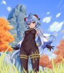  1girl absurdres black_gloves blue_hair blue_sky blush bodysuit breasts cameltoe cloud covered_navel covered_nipples detached_sleeves ganyu_(genshin_impact) genshin_impact gloves grass highres horns long_hair looking_at_viewer outdoors purple_eyes shiwasu_no_okina sky smile solo tree 