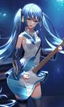  1girl absurdly_long_hair absurdres amplifier_(instrument) aqua_nails bare_shoulders black_legwear black_skirt black_sleeves blue_hair blue_neckwear commentary cowboy_shot detached_sleeves electric_guitar english_commentary guitar hatsune_miku headphones headset highres holding holding_instrument holding_plectrum instrument long_hair looking_at_viewer miniskirt music nail_polish necktie oohhya open_mouth playing_instrument pleated_skirt shirt skirt sleeveless sleeveless_shirt smile solo standing thighhighs twintails very_long_hair vocaloid white_shirt zettai_ryouiki 