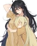  2girls ahoge arm_up bangs black_hair blonde_hair blush breasts brown_eyes brown_shirt closed_mouth commentary facing_viewer from_side green_eyes hair_between_eyes height_difference hug long_hair looking_at_viewer magilou_(tales) multiple_girls nose_blush pointy_ears shirt short_sleeves simple_background standing sweat t-shirt tales_of_(series) tales_of_berseria tusia upper_body velvet_crowe very_long_hair white_background yuri 