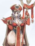 1girl armor breasts cape carcass_(artist) cleavage cross cross_necklace elbow_gloves gem gloves grey_hair grin hair_between_eyes half-closed_eyes hat heroes_of_the_storm highres holding holding_staff jewelry long_hair necklace pauldrons red_cape red_gloves red_headwear red_legwear sally_whitemane scratches shoulder_armor sketch smile solo staff teeth thick_thighs thighhighs thighs yellow_eyes 