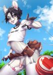  2020 5_fingers anthro black_hair bottomwear clothed clothing crossdressing day deerstail detailed_background digital_media_(artwork) eyebrows eyelashes fingers girly grey_eyes hair hi_res lagomorph leporid male mammal outside rabbit skirt sky smile solo 