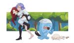  1boy 1girl absurdres carrying gen_1_pokemon gen_2_pokemon highres hurt james_(pokemon) jessie_(pokemon) kiana_mai meowth pokemon pokemon_(anime) pokemon_(creature) wobbuffet 