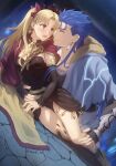  1boy 1girl bangs blonde_hair blue_hair blush breasts cape collarbone commentary_request cu_chulainn_(fate)_(all) dutch_angle earrings ereshkigal_(fate/grand_order) fate/grand_order fate_(series) fur_trim hair_ornament hand_on_another&#039;s_knee highres jewelry long_hair looking_at_another mondi_hl parted_bangs ponytail red_cape red_eyes skull_ornament 