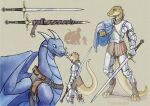  ambiguous_gender animal_genitalia anthro armor blue_body blue_scales cape clothing digitigrade dragon duo eye_contact feral genitals longsword looking_at_another plate_armor saddle scales scalie sheath tamlin123 
