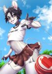  2020 5_fingers anthro black_hair bottomwear clothing day deerstail detailed_background digital_media_(artwork) eyebrows eyelashes fingers grey_eyes hair hi_res lagomorph leporid male mammal outside rabbit skirt sky smile solo 