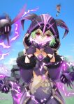  1girl blush cicin_(genshin_impact) cloak electro_cicin_mage_(genshin_impact) fur_cuffs gem genshin_impact gloves green_hair hair_between_eyes highres hood hooded_cloak kawama_hidesuke long_sleeves looking_at_viewer mask mask_removed purple_eyes short_hair 