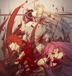  1boy 2girls ass back bandaged_arm bandages bare_shoulders black_gloves blood bow breasts brown_eyes character_request cleavage closed_mouth collarbone corruption dark_sakura emiya_shirou fate/stay_night fate_(series) fingernails gloves grey_hair hair_bow heaven&#039;s_feel holding kanrinin_(gyfp4747) long_hair matou_sakura multiple_girls parted_lips purple_eyes purple_hair red_bow red_eyes red_hair shroud_of_martin 