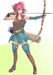  1girl armor armpit_peek arrow_(projectile) bag belt boots bow breasts chienon feathers final_fantasy final_fantasy_v green_eyes headband highres lenna_charlotte_tycoon pink_hair ranger_(final_fantasy) simple_background solo weapon 