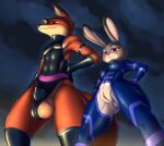  anthro canid canine disney duo female fox hi_res judy_hopps lagomorph leporid male male/female mammal mykiio nick_wilde rabbit superhero_costume zootopia 