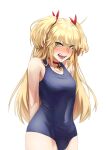  1girl absurdres admiral_hipper_(azur_lane) ahoge angry arms_behind_back azur_lane bangs bare_shoulders blonde_hair blue_swimsuit blush breasts choker collarbone commentary covered_navel cowboy_shot crossed_bangs embarrassed eyebrows_visible_through_hair fangs green_eyes hair_between_eyes hair_ribbon highres iron_cross ldl_(bcw1025) long_hair looking_at_viewer medium_breasts mole mole_under_eye nose_blush one-piece_swimsuit open_mouth red_choker red_ribbon ribbon school_swimsuit simple_background solo standing swimsuit teeth two_side_up v-shaped_eyebrows white_background 