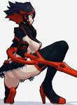  1girl ass black_eyes black_gloves black_hair black_legwear black_outline boots breasts clenched_teeth gloves grey_background high_heels holding holding_sword holding_weapon kill_la_kill lol_(harikofu) matoi_ryuuko multicolored multicolored_hair one_knee outline parted_lips red_hair scissor_blade senketsu short_hair simple_background solo sword teeth weapon 