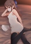 1girl ass azuse_neko bangs black_legwear blue_ribbon blush breasts brown_eyes brown_hair commentary_request covered_nipples dress eyebrows_visible_through_hair hair_ribbon hand_on_own_cheek hand_on_own_face idolmaster idolmaster_cinderella_girls indoors leg_up looking_at_viewer mask mouth_mask nipples no_shoes on_bed panties panties_removed pussy ribbon see-through small_breasts solo stained_panties surgical_mask tachibana_arisu thighhighs underwear white_dress white_panties 