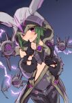  1girl bangs bare_shoulders blush cicin_(genshin_impact) cloak electro_cicin_mage_(genshin_impact) finger_to_mouth fur_cuffs gem genshin_impact gloves green_hair hood hooded_cloak kawama_hidesuke leotard long_sleeves looking_at_viewer purple_eyes purple_leotard short_hair shushing 