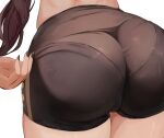  1girl absurdres ass ass_focus black_nails black_shorts close-up commentary from_behind genshin_impact highres hu_tao_(genshin_impact) long_hair mirai_hikari nail_polish pantylines short_shorts shorts simple_background solo thick_thighs thighs unfinished white_background 