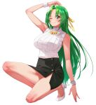  1girl ;) arm_up armpits bangs bare_arms bare_shoulders black_skirt blush breasts buttons closed_mouth eyebrows_visible_through_hair fingernails full_body green_eyes hair_ribbon half_updo high_heels highres higurashi_no_naku_koro_ni ice_reizou jewelry large_breasts long_hair looking_away miniskirt necklace one_eye_closed one_knee parted_bangs pencil_skirt ribbed_sweater ribbon shiny shiny_hair shoes side_slit simple_background skirt sleeveless sleeveless_sweater sleeveless_turtleneck smile solo sonozaki_shion sweater turtleneck very_long_hair white_background white_footwear white_sweater wristband yellow_ribbon 