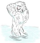  absurd_res anthro blep blue_eyes bluesh butt cooper_(emptysync) felid fur hair hands_behind_head hi_res invalid_tag looking_at_viewer male mammal muscular muscular_anthro muscular_male nude outside pantherine partially_submerged pose simple_background skinny_dipping smile snow snow_leopard solo spots standing tongue tongue_out water white_background 