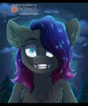  2019 ambiguous_gender anthro black_bars black_body black_fur chest_tuft cloud creepy english_text equid equine fan_character fangs fkk fur hair hasbro hi_res horse letterbox looking_at_viewer mammal my_little_pony night night_sky nightmare_fuel outside patreon plant pony portrait purple_hair signature sky solo teal_eyes text tree tuft url 