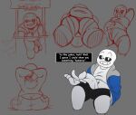  4_fingers animated_skeleton anterior_nasal_aperture balls bedroom_eyes big_penis black_bottomwear black_clothing black_pants black_sclera blue_clothing blue_hoodie blue_topwear bone bottomless bottomwear bubble_butt bulge butt butt_cleavage clothed clothing clothing_lift dialogue dialogue_box digital_drawing_(artwork) digital_media_(artwork) english_text eyebrows fatzoimp fingers genitals hand_behind_head hoodie humanoid jockstrap looking_at_viewer low-angle_view male narrowed_eyes navel not_furry pants penis raised_eyebrow sans_(undertale) seductive shirt shirt_lift simple_background sitting skeleton sketch_page solo teeth text topwear undead undertale underwear video_games white_body white_clothing white_shirt white_topwear worm&#039;s-eye_view 