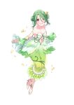  1girl center_opening detached_sleeves double_bun dress eyebrows_visible_through_hair flora_(omega_labyrinth) flower full_body green_dress green_hair hair_between_eyes hair_flower hair_ornament high_heels highres hobble_dress looking_at_viewer navel official_art omega_labyrinth_life petals pink_eyes simple_background solo strapless strapless_dress strappy_heels u35 white_background 