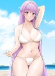  1girl absurdly_long_hair bikini blue_sky braid breasts cloud commentary_request cowboy_shot crown_braid dada_(dadada_20) day fire_emblem fire_emblem:_the_binding_blade highres large_breasts long_hair outdoors purple_eyes purple_hair side-tie_bikini sky solo sophia_(fire_emblem) standing swimsuit thigh_gap very_long_hair white_bikini 