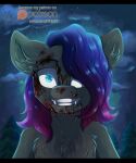  2019 ambiguous_gender anthro black_bars black_body black_fur blood bodily_fluids chest_tuft cloud creepy english_text equid equine fan_character fangs fkk fur hair hasbro hi_res horse letterbox looking_at_viewer mammal my_little_pony night night_sky nightmare_fuel outside patreon plant pony portrait purple_hair signature sky solo teal_eyes text tree tuft url 