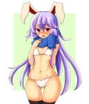  1girl animal_ears arm_behind_back ass ass_visible_through_thighs bangs bikini blush breasts bunny_ears commentary_request haruirokomici highres long_hair looking_at_viewer micro_bikini navel open_mouth reisen_udongein_inaba scarf scarf_grab simple_background small_breasts solo stomach swimsuit thighhighs touhou wide_hips 