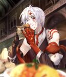  1boy allen_walker bare_shoulders black_jacket black_nails blue_eyes blurry blurry_background blurry_foreground colored_skin d.gray-man eating facial_mark fingernails food food_on_face hamburger heterochromia highres holding holding_food indoors jacket long_sleeves male_focus necktie noan omurice red_eyes red_neckwear red_skin shiny shiny_hair shirt short_hair silver_hair sitting solo white_shirt 