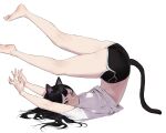  1girl animal_ears ass bangs bare_legs barefoot black_hair black_shorts blake_belladonna breasts cat_ears cat_girl cat_tail commentary dongho_kang english_commentary feet_up fingernails from_side full_body hands_up highres legs_up long_hair looking_at_viewer original sharp_fingernails shirt short_shorts shorts simple_background solo tail top-down_bottom-up v-shaped_eyebrows white_nails white_shirt yellow_eyes 