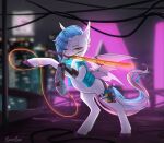  2021 bat_pony blue_mane blue_tail chroma_slip clothing cybernetic_arm cybernetic_limb cyberpunk cyberpunk_2077 detailed_background ear_piercing ear_ring english_text equid fan_character female feral fur gun handgun hasbro jacket looking_at_viewer lunarlacepony mammal mane melee_weapon membrane_(anatomy) membranous_wings my_little_pony night on_hind_legs one_eye_closed piercing pink_wings quadruped ranged_weapon red_eyes signature solo standing sword text topwear weapon white_body white_fur wings wire 