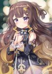 1girl absurdres anya_melfissa blurry blurry_background blush brown_hair dress hair_ornament hands_on_own_chest highres hololive hololive_indonesia ikazu401 long_hair looking_at_viewer multicolored_hair purple_eyes sleeveless smile solo virtual_youtuber 