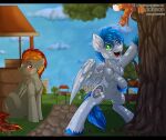  2019 black_bars blue_mane blue_tail blush brown_body brown_eyes brown_fur chest_tuft cutie_mark duo english_text equid equine explosivepone fan_character feathered_wings feathers featureless_crotch feral fetlocks fkk fur green_eyes grey_body grey_feathers grey_fur grey_wings hasbro hi_res horn inner_ear_fluff letterbox looking_at_another male mammal mane my_little_pony on_hind_legs open_mouth orange_mane outside park patreon plant quadruped record_melodie red_tail rodent sciurid signature sitting spread_wings standing text tree tuft unicorn url wings 