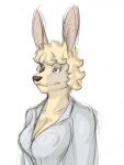  2008 anthro big_breasts black_nose blonde_hair breasts cleavage clothed clothing female frank_westerveldt fur hair kangaroo macropod mammal marsupial ritts shirt simple_background sketch solo topwear white_background yellow_body yellow_fur 
