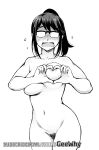  1girl absurdres areolae breast_lift breasts collarbone completely_nude cowboy_shot embarrassed female_pubic_hair fingernails geewhy glasses heart heart-shaped_boob_challenge heart_hands highres houkago_teibou_nisshi long_hair looking_at_viewer medium_breasts navel nipples nude oono_makoto opaque_glasses open_mouth over-rim_eyewear ponytail pubic_hair semi-rimless_eyewear solo standing unaligned_breasts watermark web_address 