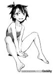  1girl absurdres barefoot blush breasts fang fingernails geewhy greyscale high_contrast highres hodaka_natsumi houkago_teibou_nisshi looking_at_viewer monochrome one-piece_swimsuit one_side_up short_hair sitting skin_fang small_breasts solo spread_legs swimsuit toes watermark web_address 