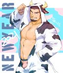  1boy 2021 abs animal_costume animal_ears bara bare_pecs body_hair brown_hair bulge chest_hair chinese_zodiac cow_boy cow_costume cow_ears cow_horns cowboy_shot facial_hair from_side goatee happy_new_year highres horns looking_at_viewer male_focus muscular muscular_male navel navel_hair new_year nipples nose_piercing open_clothes original pectorals piercing pink_male_underwear short_hair sideburns smile solo stomach thick_eyebrows yanutorie year_of_the_ox 