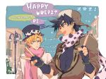  2boys animal_print battle_tendency black_hair blonde_hair bo_bo_milk building caesar_anthonio_zeppeli cow_print day english_text facial_mark feathers fingerless_gloves gloves green_eyes hair_feathers hat jacket jojo_no_kimyou_na_bouken joseph_joestar_(young) lamppost looking_at_another male_focus multiple_boys scarf sky smile speech_bubble star_(symbol) 