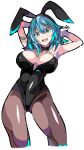  alternate_costume animal_ears aqua_eyes aqua_hair armpits arms_behind_head bare_shoulders black_choker black_leotard blush breasts breasts_apart brown_legwear bunny_ears byleth_(fire_emblem) byleth_(fire_emblem)_(female) choker cowboy_shot enpe eyebrows_visible_through_hair fake_animal_ears fire_emblem fire_emblem:_three_houses hair_between_eyes highres large_breasts leotard long_hair open_mouth pantyhose playboy_bunny simple_background smile strapless strapless_leotard white_background wrist_cuffs 