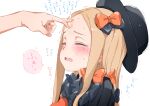  1girl abigail_williams_(fate/grand_order) afterimage bangs black_bow black_dress black_headwear blonde_hair blush bow closed_eyes commentary_request dekopin dress fate/grand_order fate_(series) flying_sweatdrops forehead gomennasai hair_bow hat long_hair open_mouth orange_bow out_of_frame parted_bangs polka_dot polka_dot_bow simple_background solo_focus stuffed_animal stuffed_toy sweat teddy_bear translation_request trembling upper_body upper_teeth wavy_mouth white_background 
