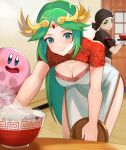  2girls arms_(game) blonde_hair breasts bun_cover china_dress chinese_clothes cleavage_cutout clothing_cutout dress food green_eyes green_hair hat highres jiangshi katwo kid_icarus kid_icarus_uprising kirby kirby_(series) looking_at_viewer medium_breasts min_min_(arms) multiple_girls palutena pelvic_curtain side_slit smile super_smash_bros. tabard 