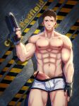  1boy abs bar_censor bara biceps boxer_briefs brown_hair bulge censored character_name chris_redfield cowboy_shot erection erection_under_clothes facial_hair fingerless_gloves gloves gun hand_up holding holding_gun holding_weapon looking_at_viewer male_focus male_pubic_hair male_underwear microphone muscular muscular_male navel navel_hair nipples pectorals penis pubic_hair resident_evil resident_evil_5 short_hair solo stubble thick_thighs thighs underwear veins veiny_penis weapon white_male_underwear yzpyn 