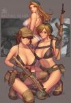  3girls 4boys ass assault_rifle baseball_cap belt beret bikini binoculars black_bikini black_gloves blonde_hair boots breasts brown_hair cleavage commentary commentary_request copyright_name cosplay english_commentary fio_germi glasses gloves green_bandana gun hat holding holding_gun holding_weapon ibanen kasamoto_eri knee_pads kneeling m4_carbine metal_slug military military_uniform multiple_boys multiple_girls navel ponytail pouch prisoner_of_war_(metal_slug) rifle shorts smile sophia_greenville squatting swimsuit uniform weapon white_swimsuit yellow_eyes 