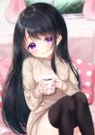  1girl bangs black_hair black_legwear blurry blurry_background blush brown_sweater closed_mouth commentary_request cup curtains depth_of_field dress eyebrows_visible_through_hair feet_out_of_frame highres holding holding_cup indoors knees_up long_hair long_sleeves mirai_(happy-floral) mug original pillow polka_dot purple_eyes sitting sleeves_past_wrists smile solo steam sweater sweater_dress thighhighs very_long_hair window 