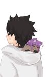  1boy 1girl animal_ear_fluff animal_ears bangs black_hair blush cat_ears closed_eyes dark_skin eyebrows_visible_through_hair facing_away fate/grand_order fate/prototype fate/prototype:_fragments_of_blue_and_silver fate_(series) fujimaru_ritsuka_(male) hassan_of_serenity_(fate) highres hood hood_down hoodie i.u.y kemonomimi_mode minigirl parted_lips purple_hair simple_background translation_request white_background white_hoodie 