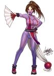  1girl :d bodysuit breasts brown_eyes brown_hair cameltoe dated fan fatal_fury folding_fan full_body hand_on_hip holding holding_fan large_breasts legs_apart long_hair looking_at_viewer mizuryuu_kei mouth_veil open_mouth pelvic_curtain ponytail purple_bodysuit sash shiranui_mai signature simple_background smile solo standing tabi the_king_of_fighters white_background 